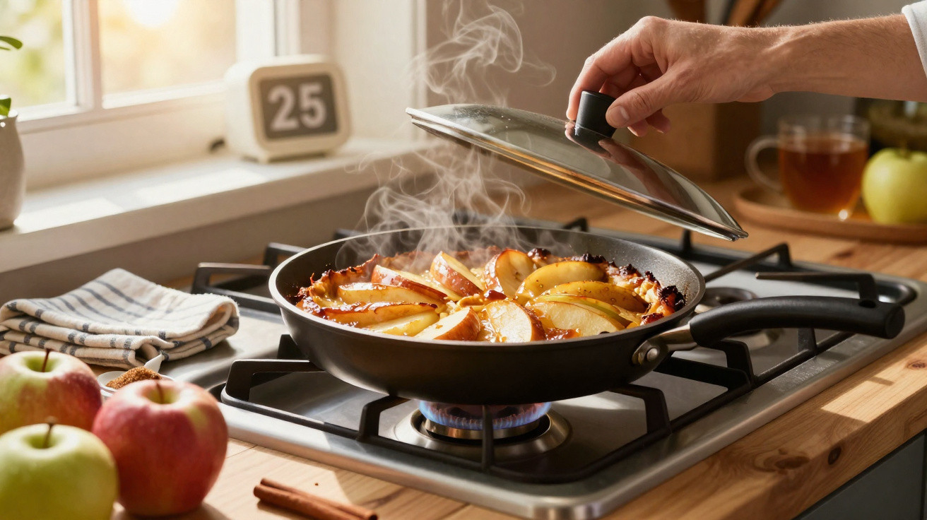 Panela no fogão com torta de maçã quente soltando vapor enquanto tampa é levantada à mão.