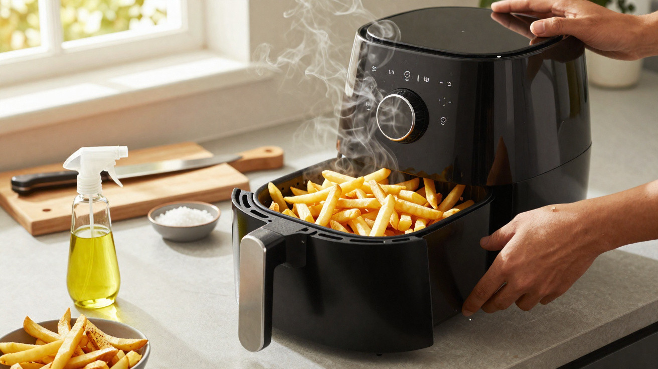 Mãos retirando cesto de air fryer preto com batatas fritas quentes e vapor saindo no balcão da cozinha.