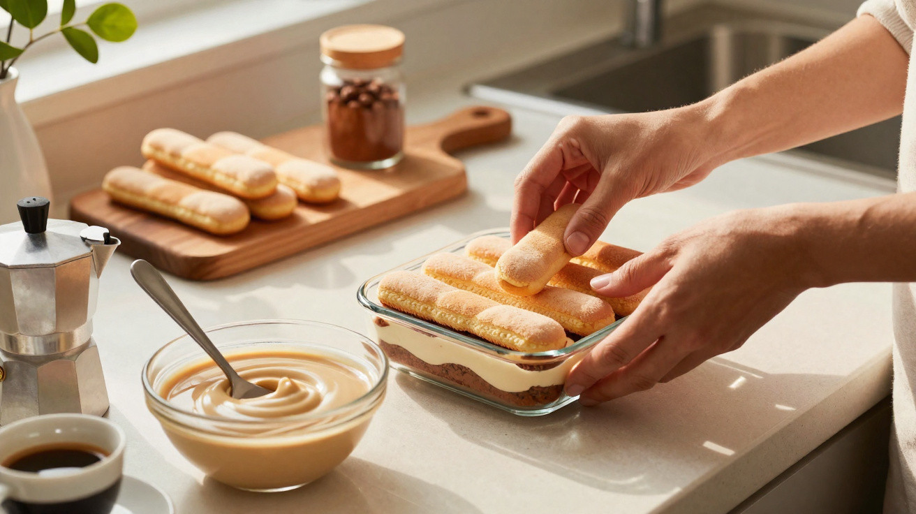 Pessoa preparando tiramisu com biscoitos, creme e café em bancada iluminada na cozinha.