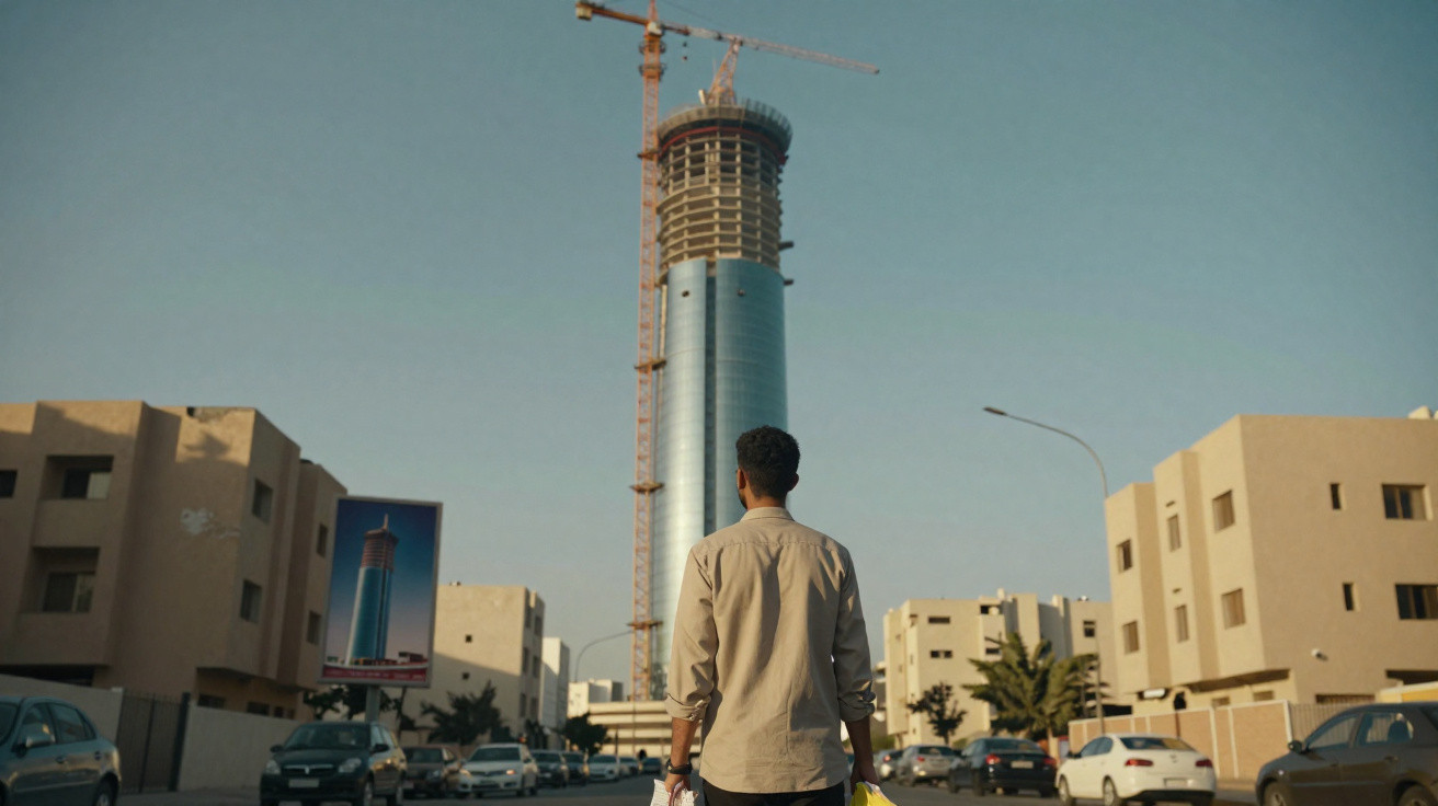 Homem de costas observa arranha-céu em construção em rua com prédios e carros ao redor.