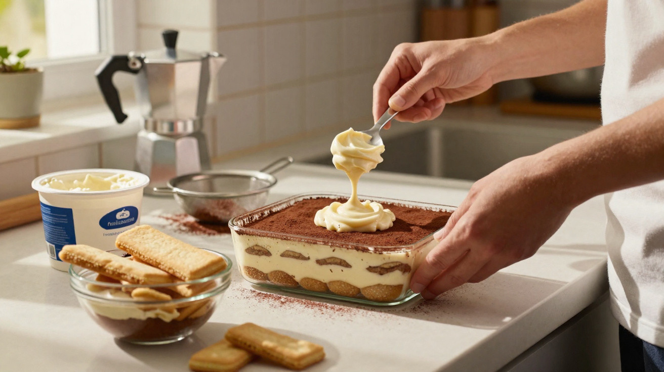 Pessoa decorando tiramisu com creme na cozinha iluminada pela luz natural.