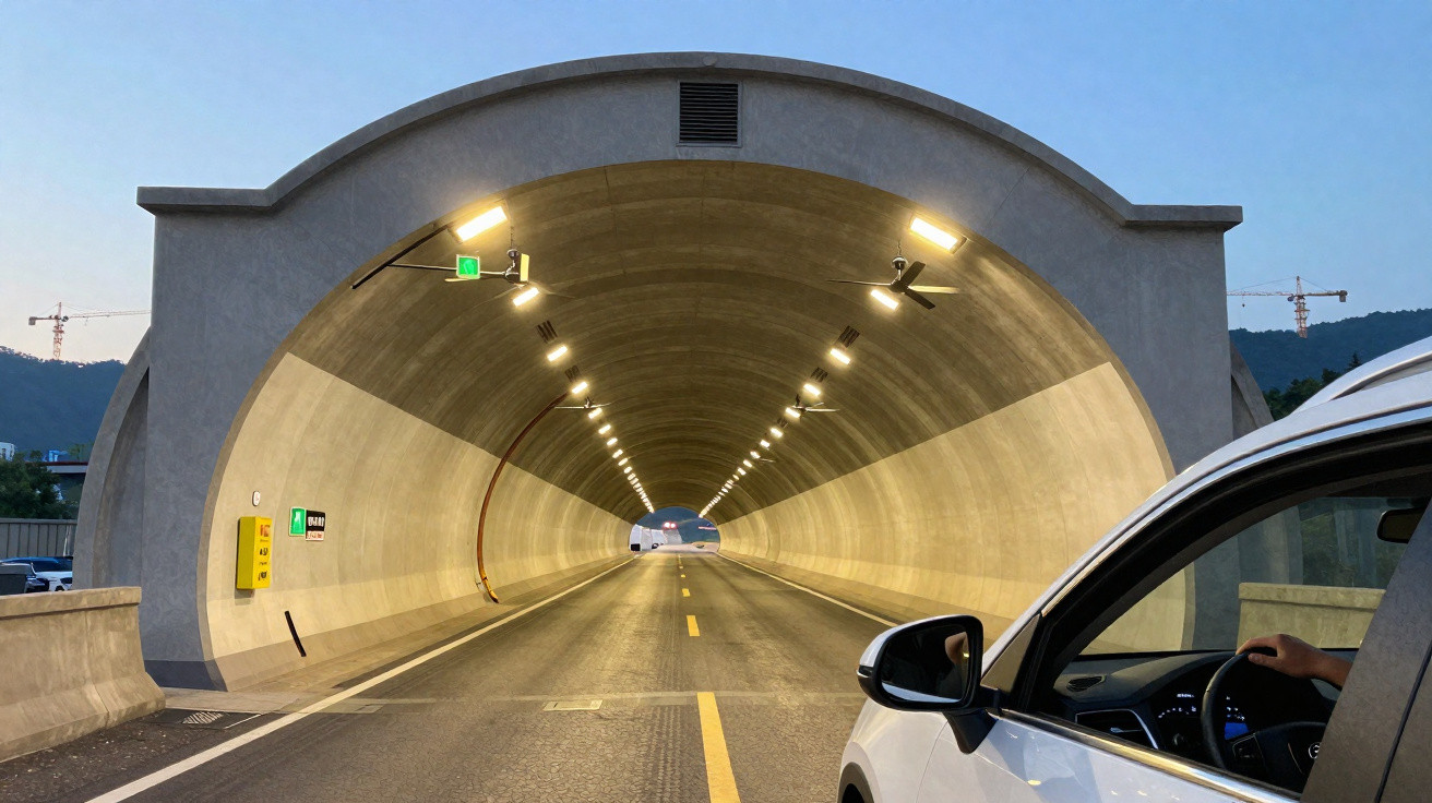 Entrada iluminada de túnel com carro branco à direita esperando para entrar em estrada cercada por montanhas.