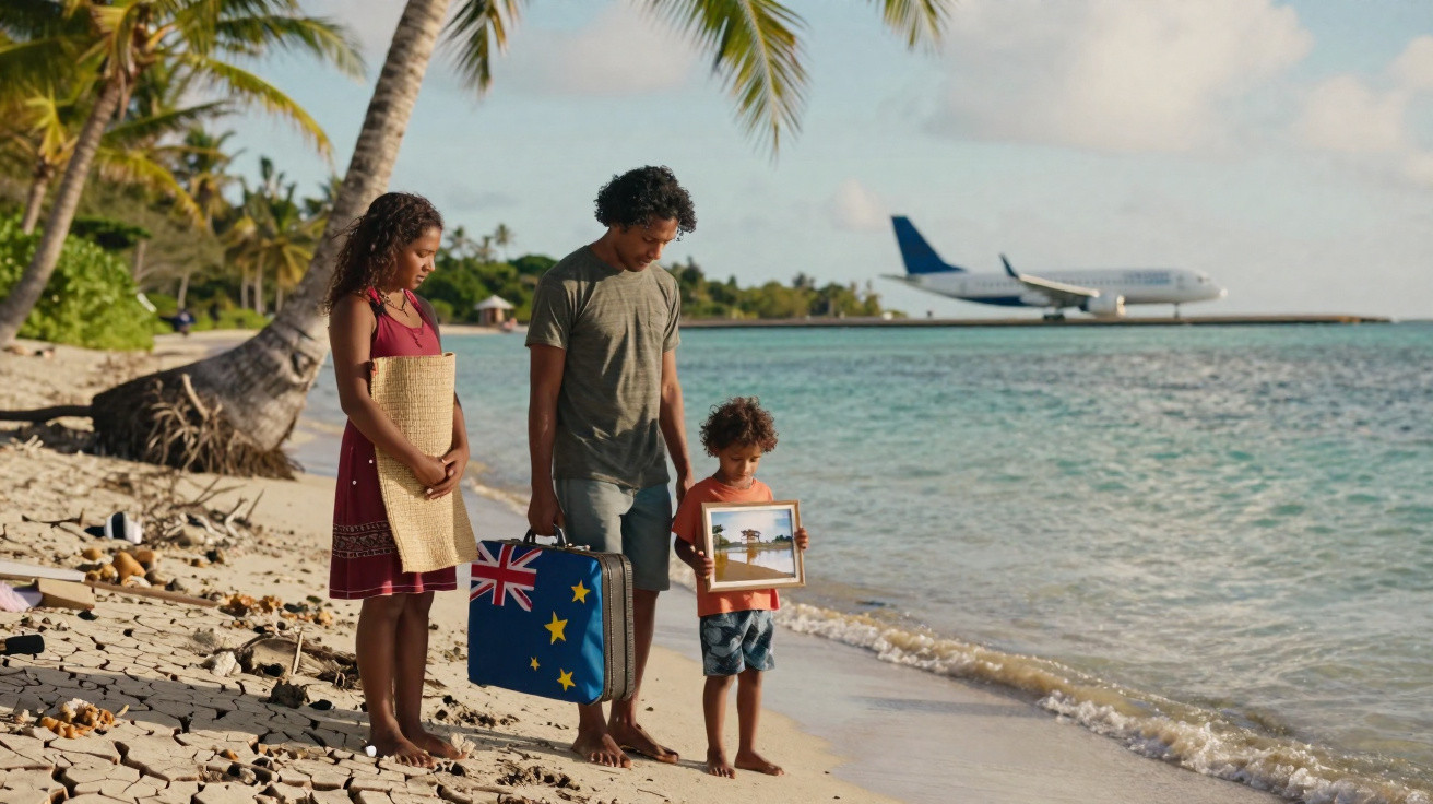 Família na praia com mala e quadro, avião ao fundo pousando em ilha tropical.