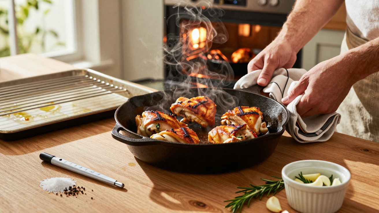 Frango grelhado fumegante em frigideira de ferro, com temperos e forno ao fundo em cozinha iluminada.