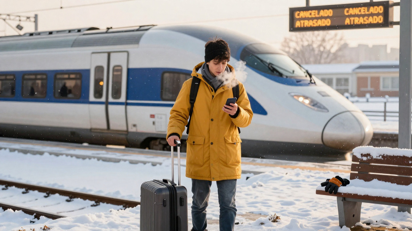 Jovem com casaco amarelo e mala espera em estação de trem com aviso de trens cancelados e atrasados na neve.