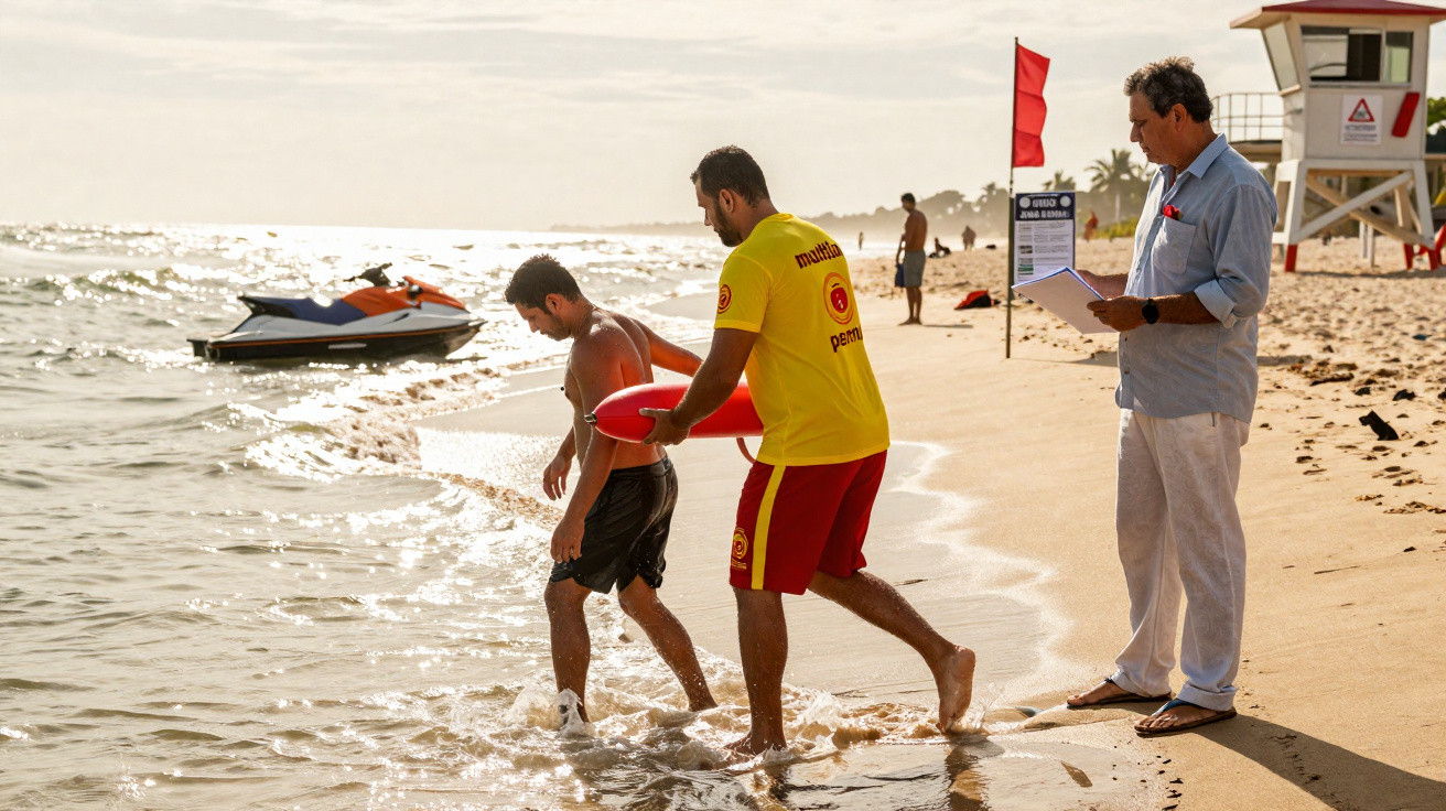Salva-vidas ajuda homem a sair do mar na praia com boia vermelha, com homem observando à direita.