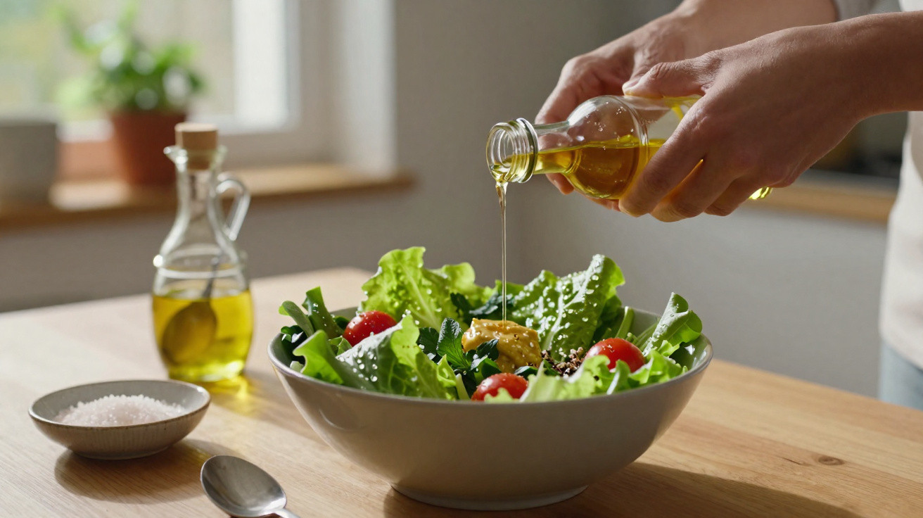 Mãos derramando azeite sobre salada fresca com tomates e folhas verdes em tigela branca na mesa.