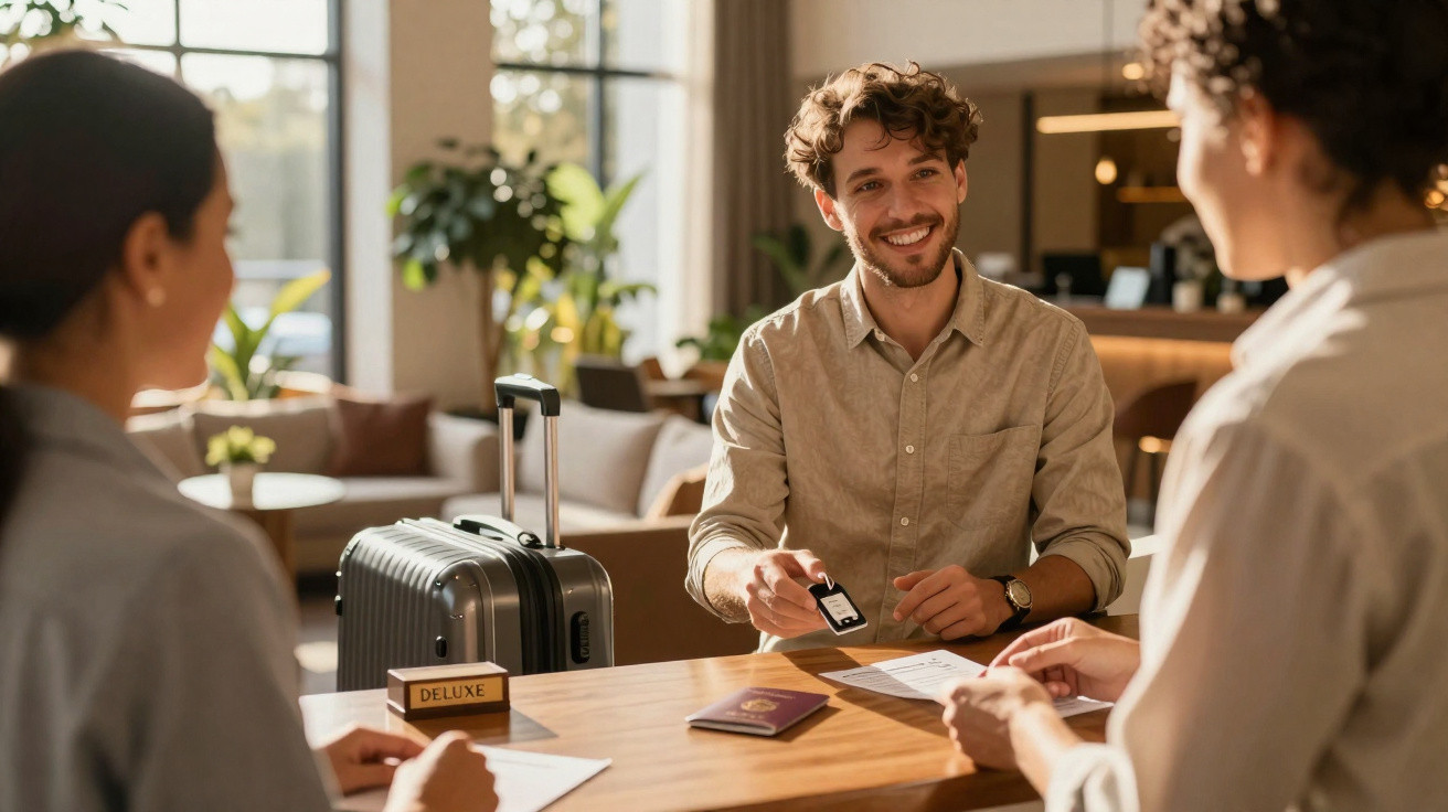 Homem sorridente fazendo check-in na recepção de hotel com mala e documentos sobre a mesa.