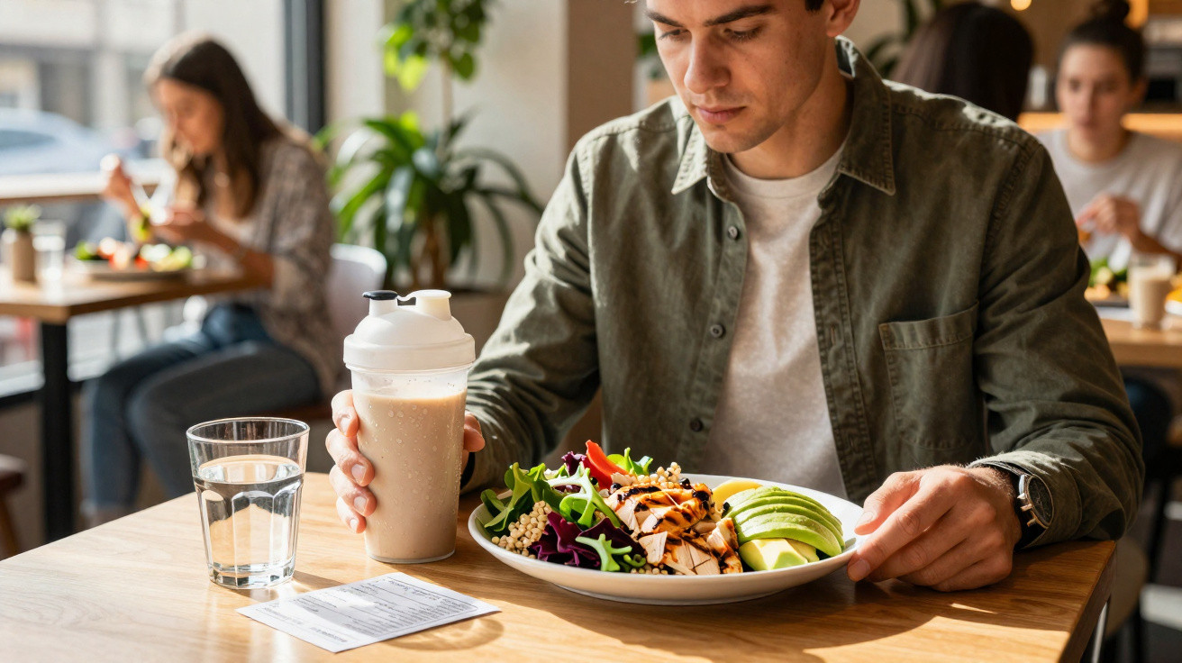 Homem sentado à mesa com prato de salada e shake em copo transparente em restaurante.