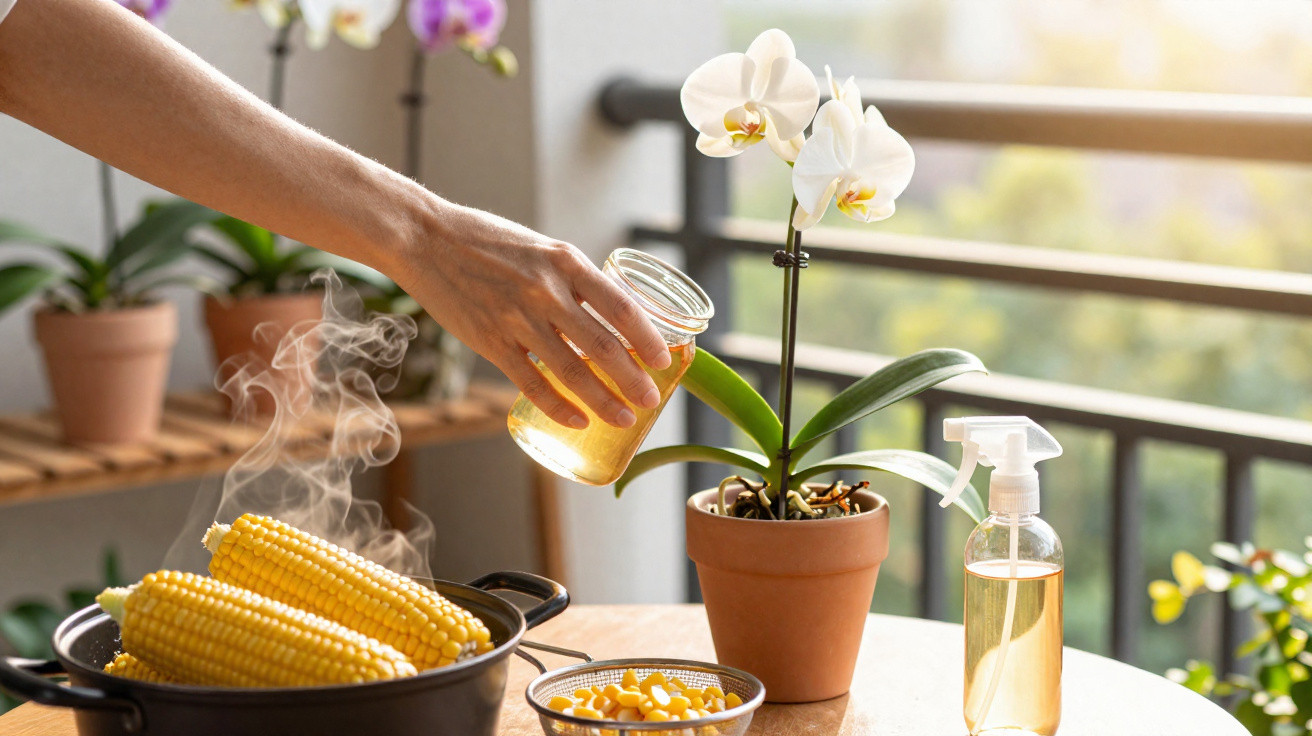 Pessoa regando orquídea branca em vaso ao lado de milho cozido em panela e spray com líquido amarelo.