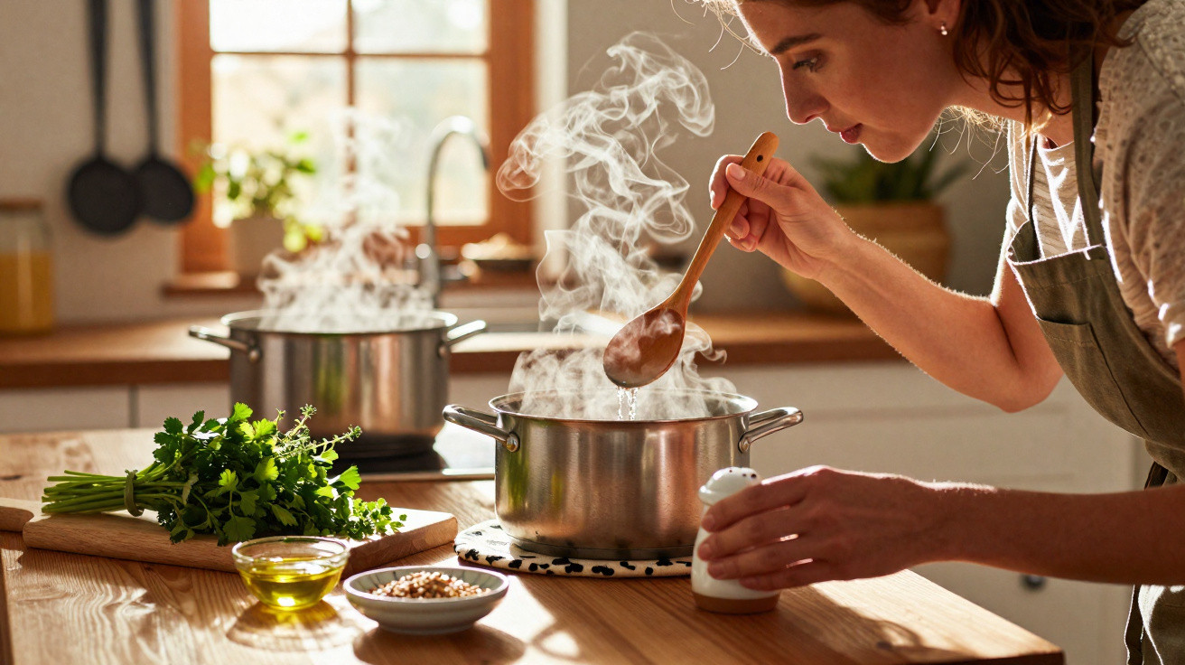 Mulher provando sopa quente em uma cozinha com utensílios e ingredientes frescos na bancada.