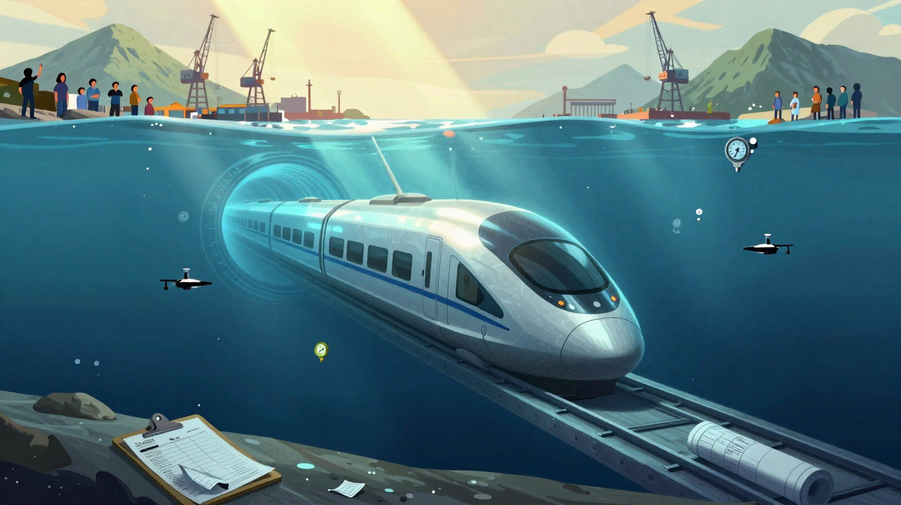 Trem de alta velocidade passando por túnel submarino com pessoas observando na superfície e montanhas ao fundo.