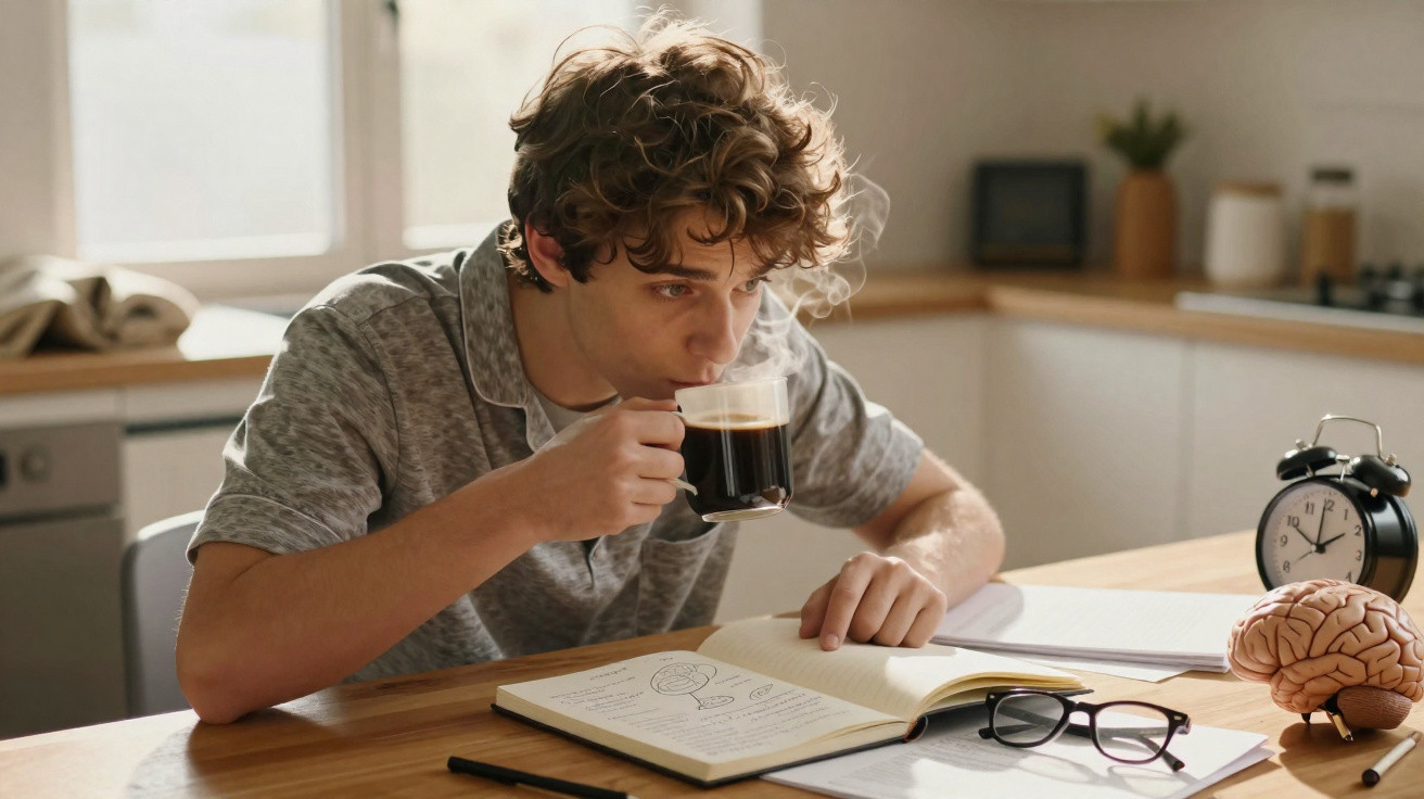 Jovem sentado à mesa, bebendo café enquanto estuda com livros e objetos ao redor.