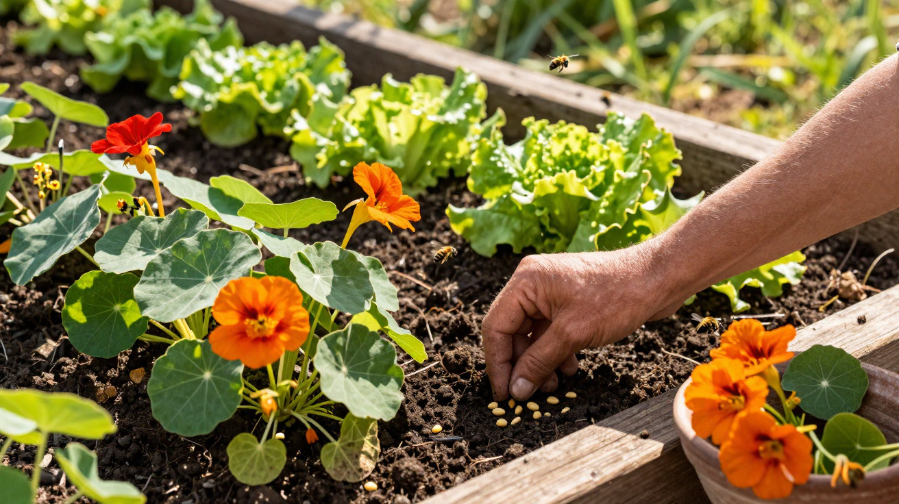 Pessoa plantando sementes em canteiro com flores laranja, alface e abelhas ao redor.