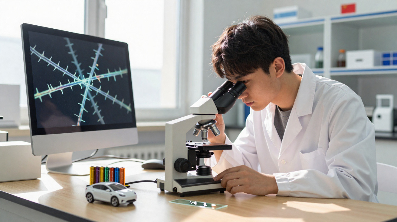 Jovem cientista usando jaleco observa amostra em microscópio em laboratório moderno e iluminado.
