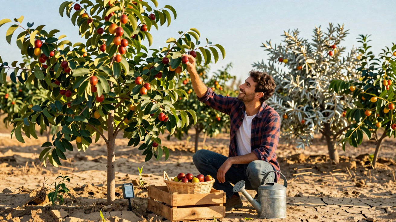 Homem colhendo frutas vermelhas em pomar seco, com cesta, caixa de madeira e regador ao lado.