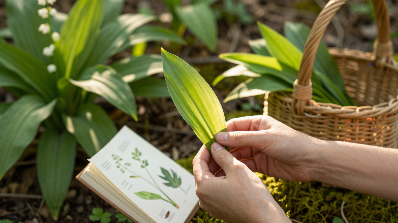 Mãos segurando folha verde próxima a livro de botânica e cesta em ambiente natural com plantas.