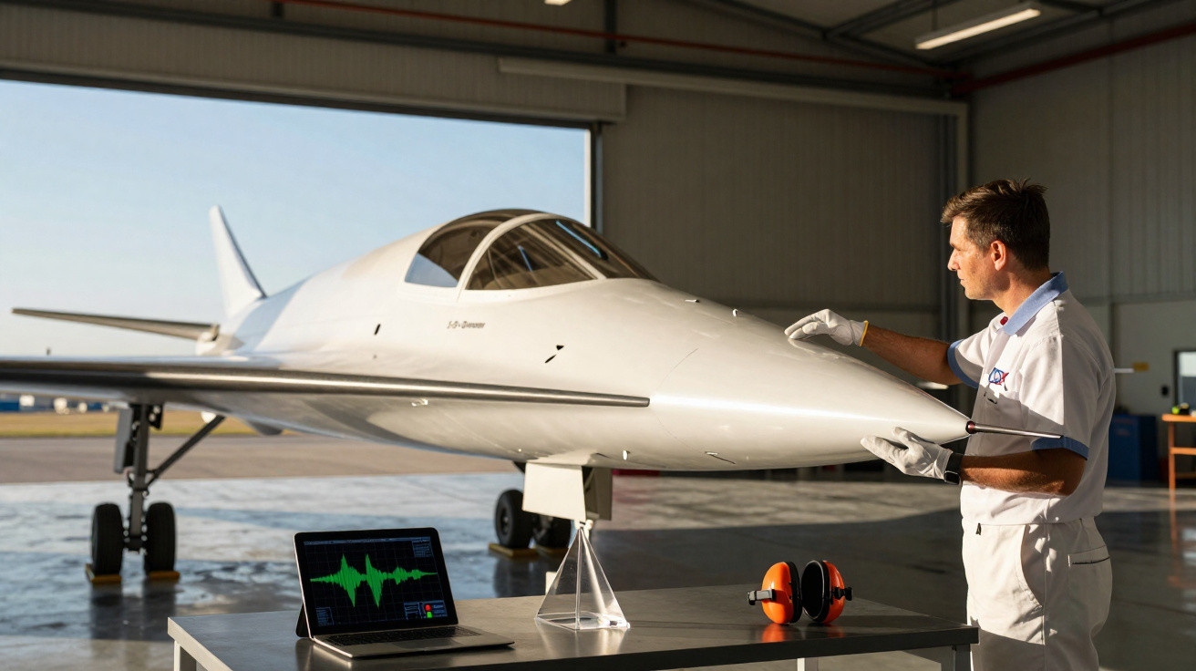 Homem em uniforme branco inspeciona modelo de avião futurista em hangar com laptop e protetor auricular na mesa.