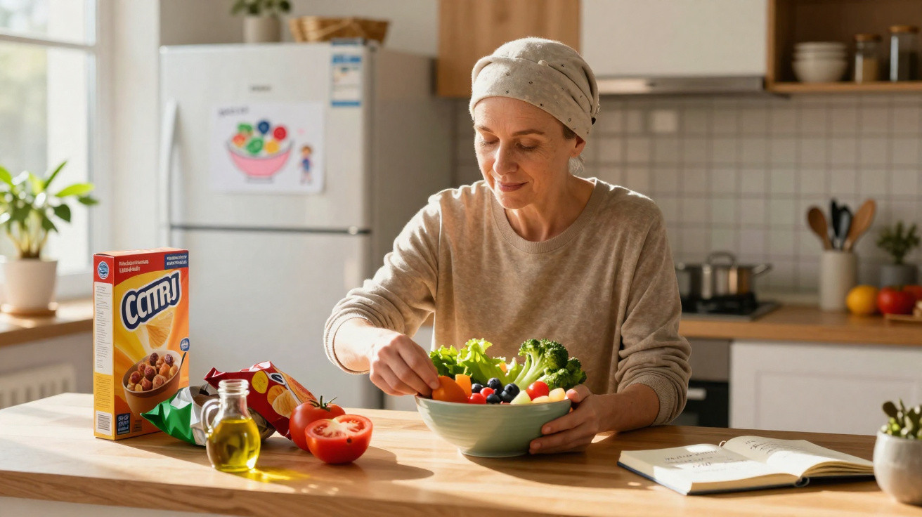Mulher sorridente preparando salada saudável em cozinha iluminada com legumes e livro aberto na bancada.
