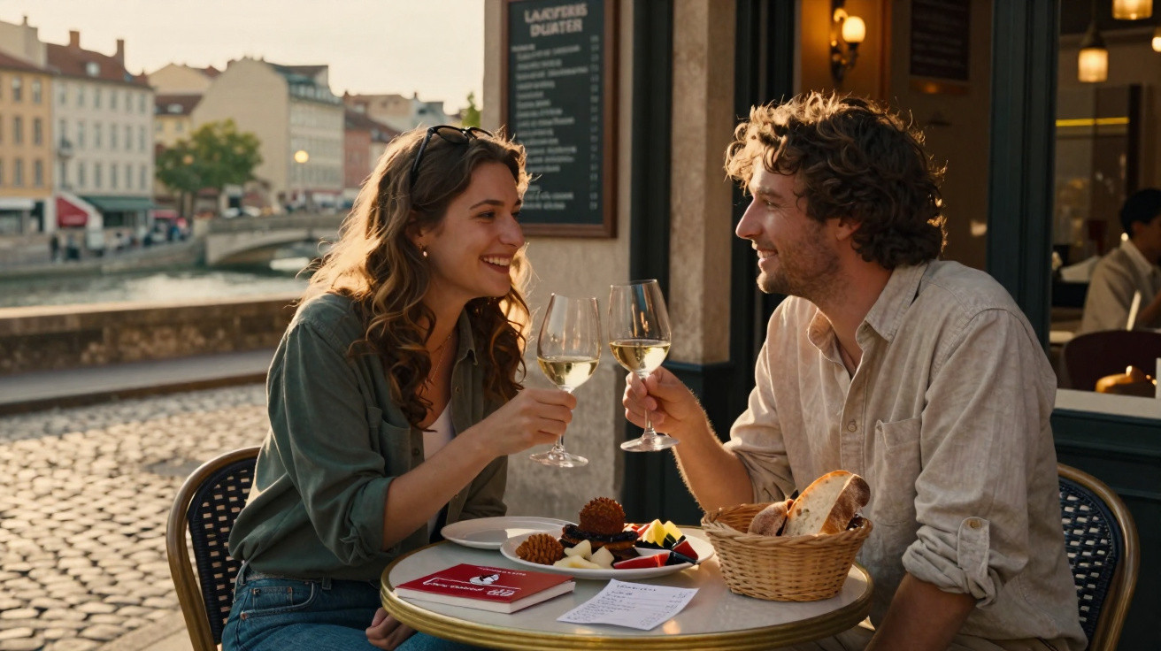 Casal brindando com vinho branco em mesa ao ar livre com cesta de pães e tábuas de queijos e frutas.