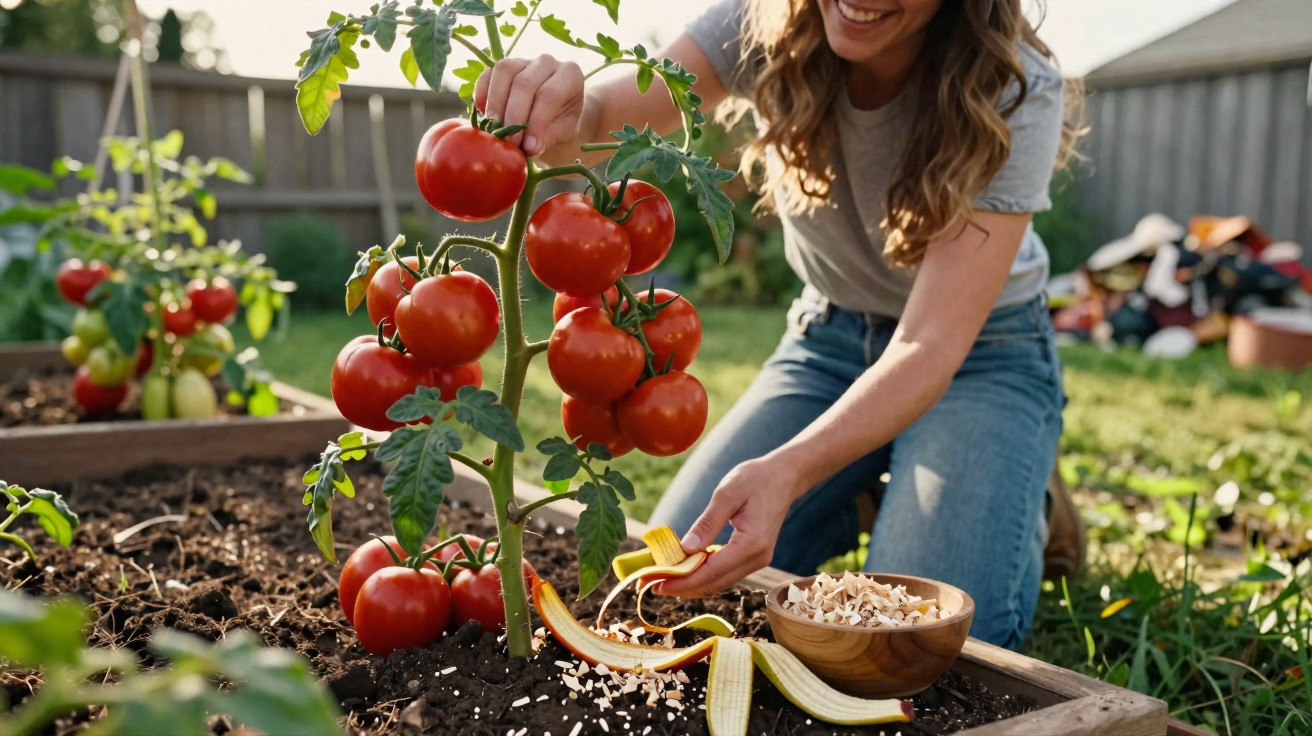 Mulher colhendo tomates vermelhos maduros em jardim enquanto adiciona casca de banana ao solo.