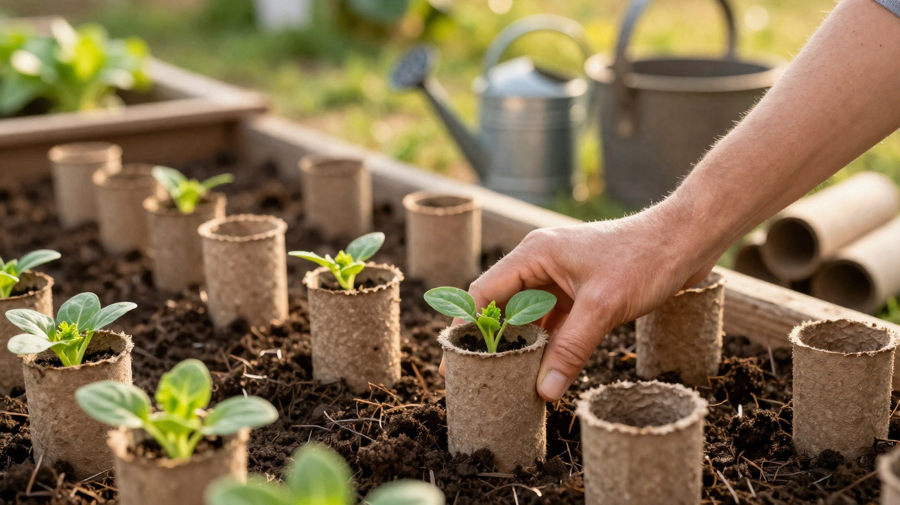 Mão plantando muda em vaso biodegradável dentro de canteiro de jardinagem com terra.