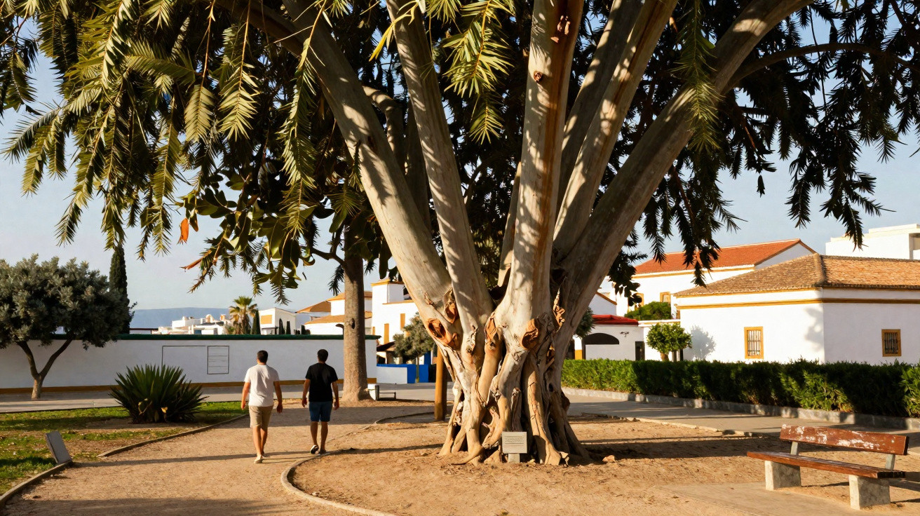 Pessoas caminhando em parque com árvore grande de tronco entrelaçado ao lado de bancos e casas brancas.