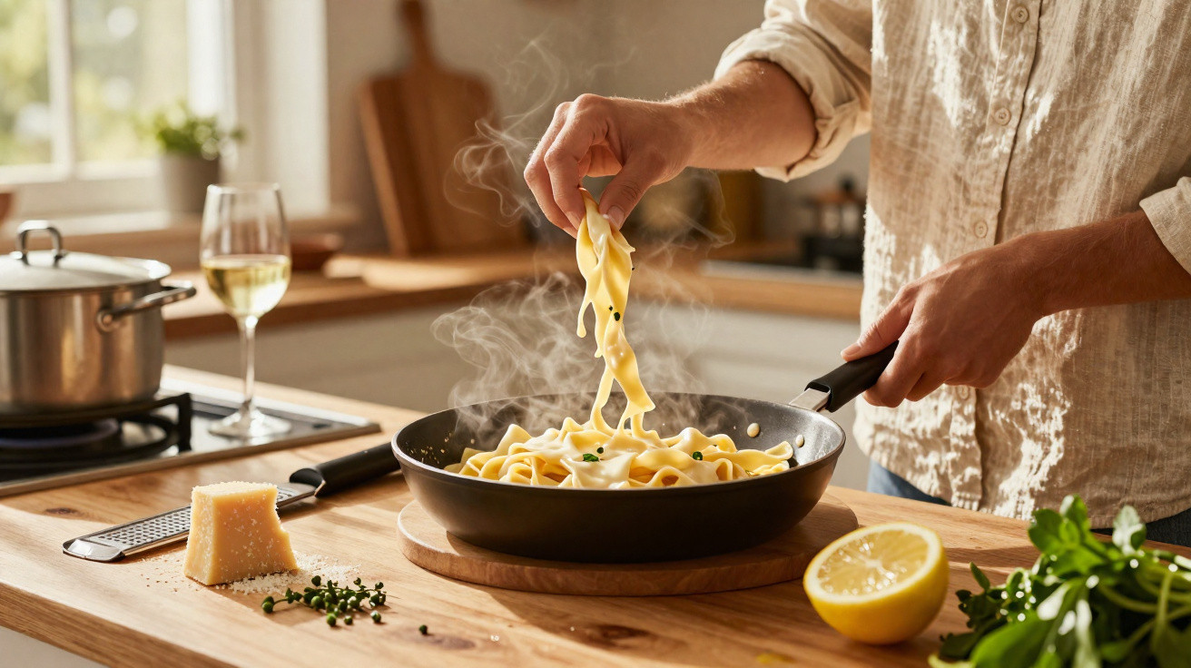 Pessoa cozinhando massa em frigideira na cozinha com queijo parmesão, limão e vinho branco ao fundo.