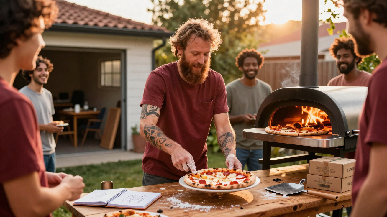 Homem com barba servindo pizza feita em forno a lenha para amigos em encontro ao ar livre no fim da tarde.
