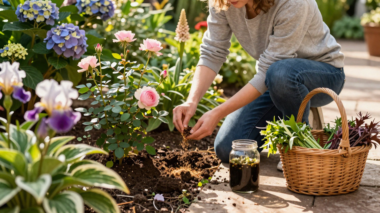 Pessoa cultivando plantas em jardim florido, com cesta de verduras ao lado e jarra com líquido escuro.