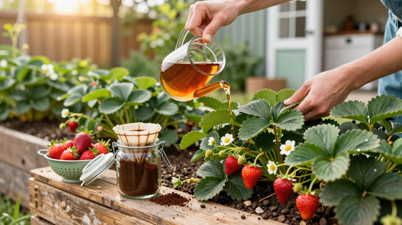Pessoa regando plantas de morango com café coado em vaso de madeira em área externa iluminada.