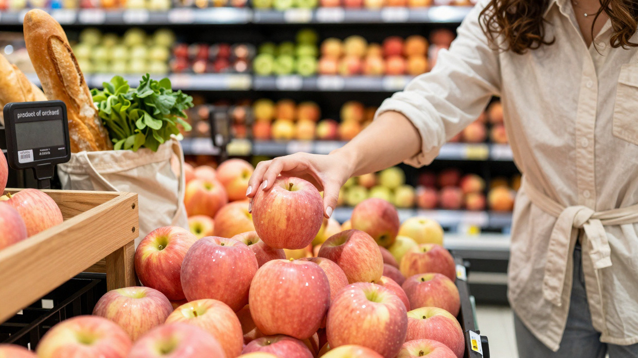 Pessoa pegando maçã em supermercado com diversas maçãs e pães ao fundo.