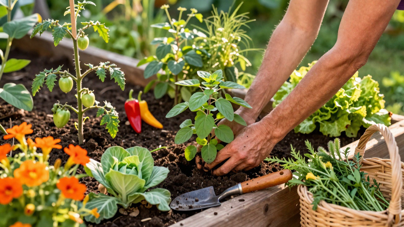 Mãos plantando muda em jardim com hortaliças, flores e cesta com cenouras frescas ao lado.