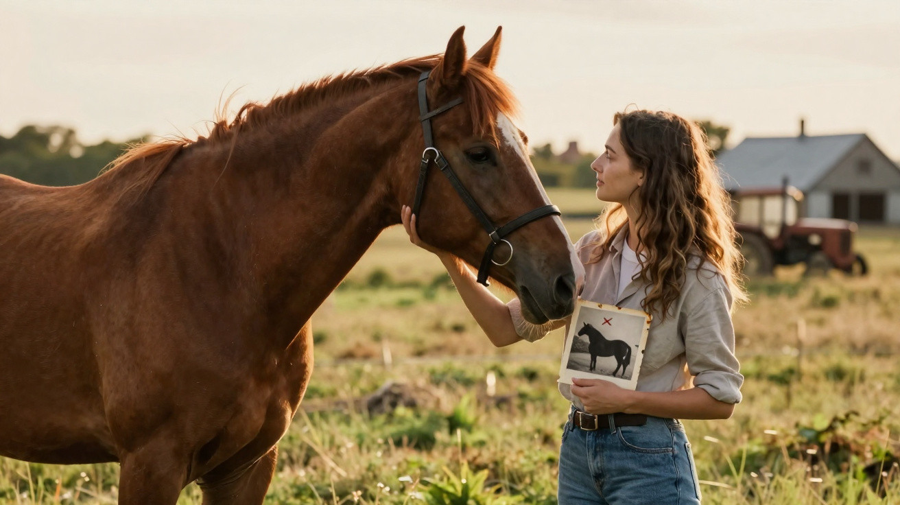 Jovem acariciando cavalo marrom ao ar livre, segurando foto de um cavalo em área rural.