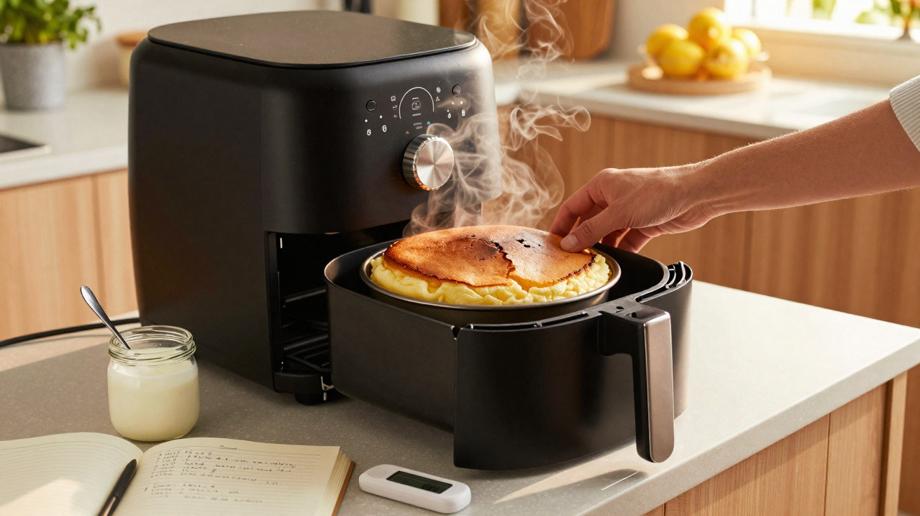 Mão retirando suflê quente e fumegante de fritadeira elétrica preta em bancada de cozinha.