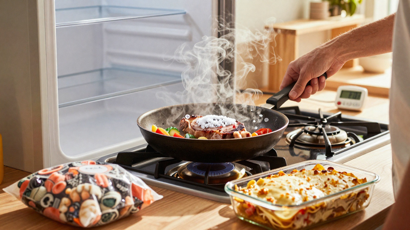 Mão segurando frigideira com bife e legumes na chama do fogão, ao lado de lasanha e embalagem de alimento congelado.