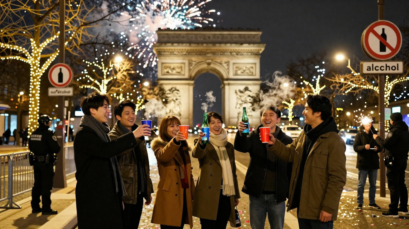 Grupo de amigos brindando com copos e garrafas na Champs-Élysées, em Paris, com Arco do Triunfo e fogos ao fundo.