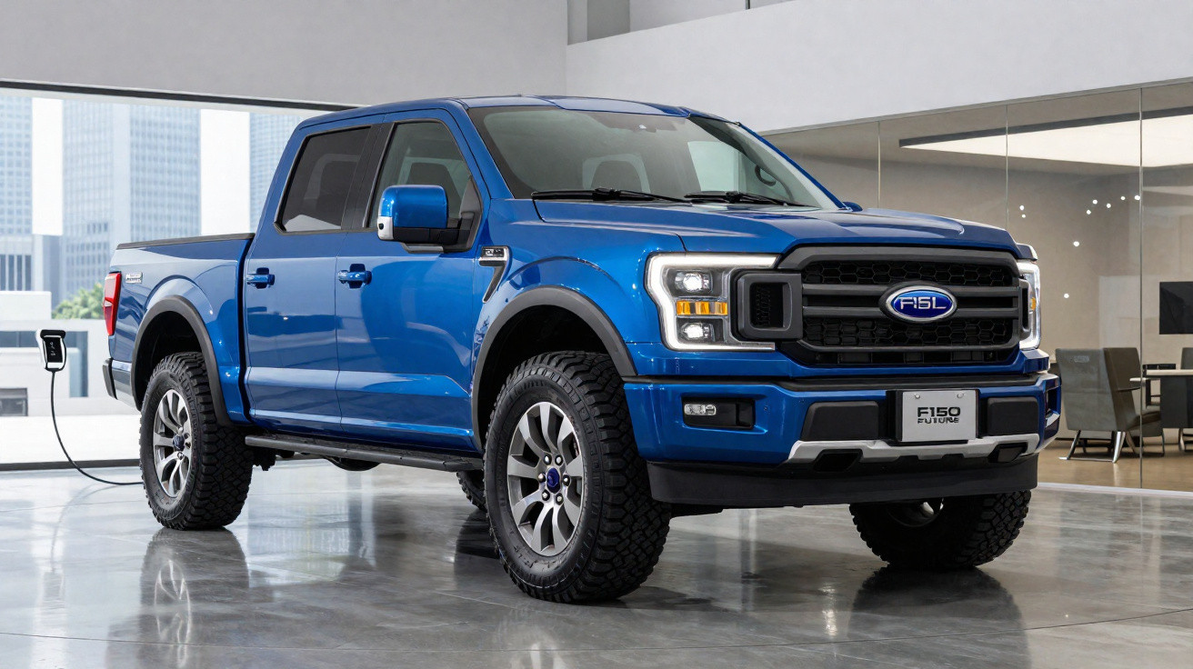 Picape elétrica azul Ford F-150 na concessionária, conectada ao carregador, ambiente moderno e iluminado.