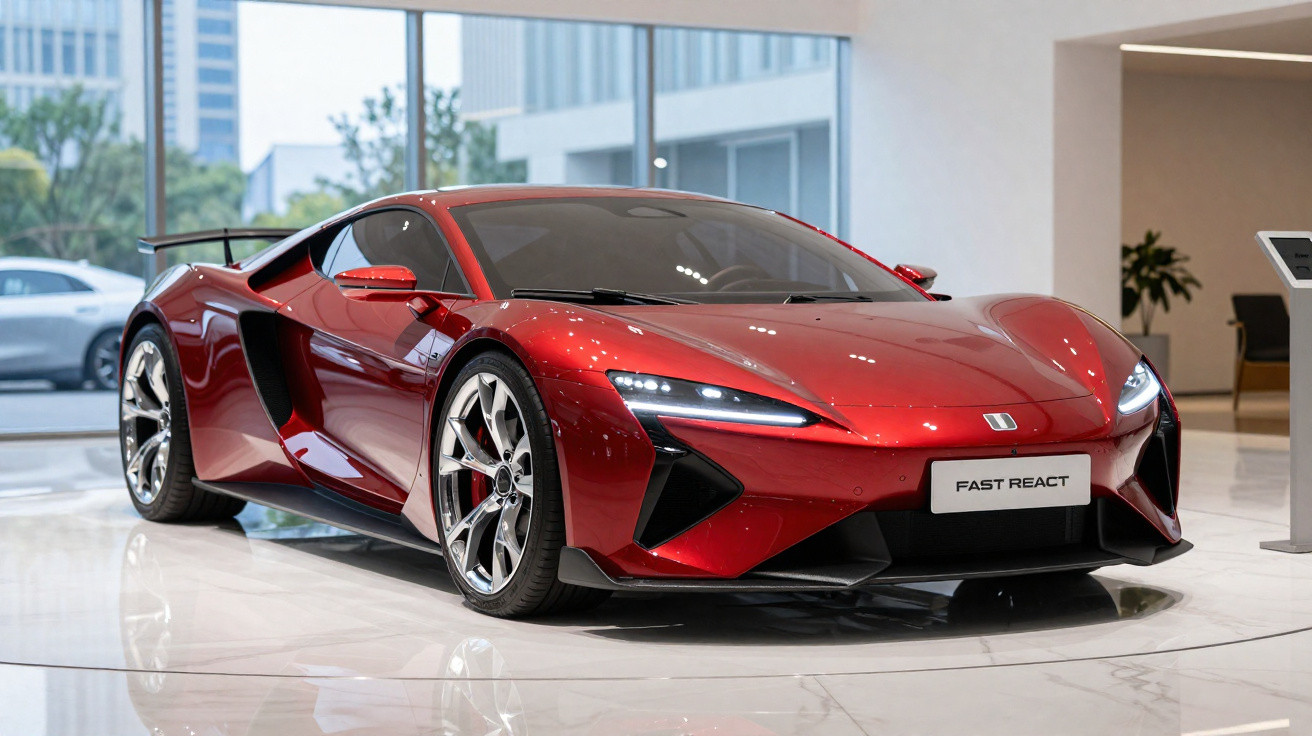 Carro esportivo vermelho brilhante com design aerodinâmico e faróis LED em showroom moderno.