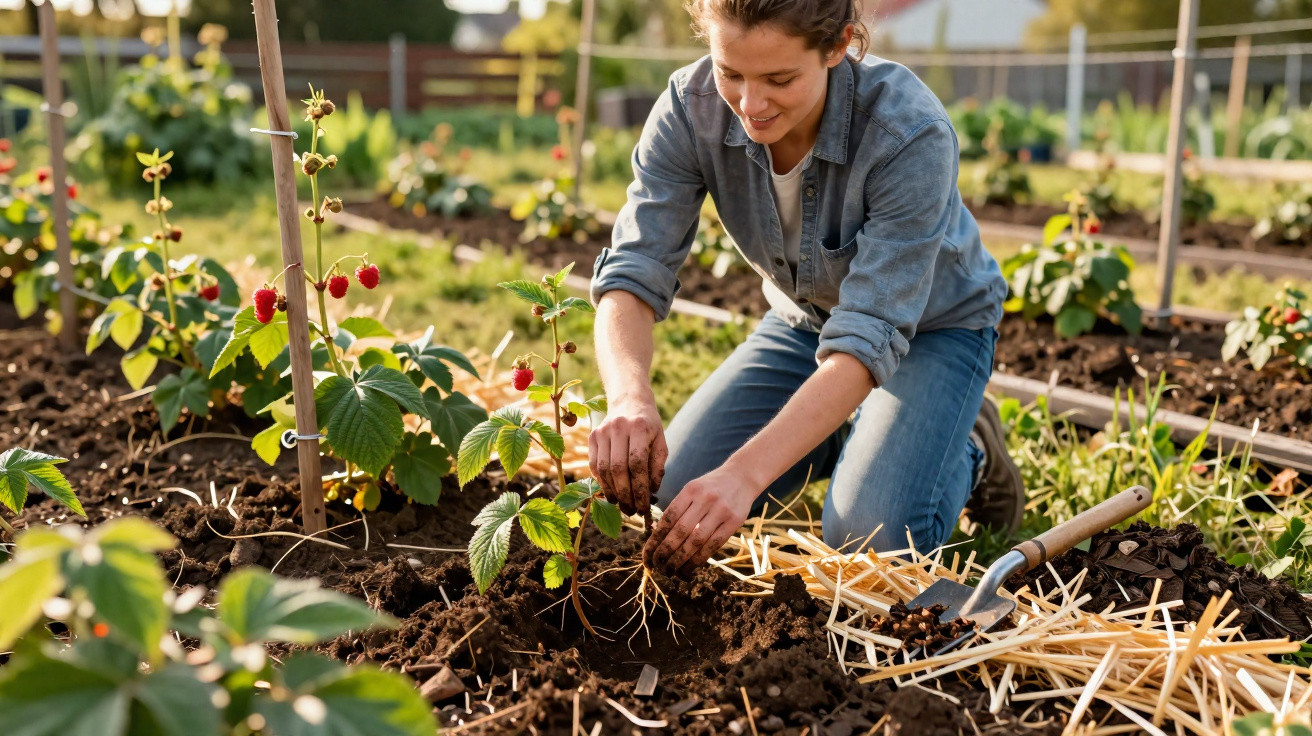 Mulher plantando muda em horta com terra preparada e plantas de framboesa ao redor, em dia ensolarado.