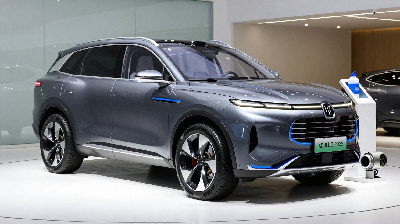 SUV elétrico cinza estacionado em sala de exposição com placa verde indicando AdBlue 2025.