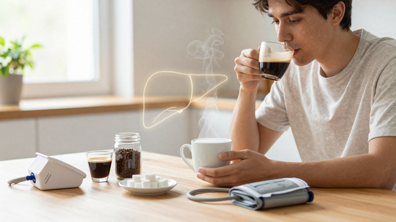 Jovem sentado à mesa tomando café com itens para pressão arterial e açúcar ao lado.