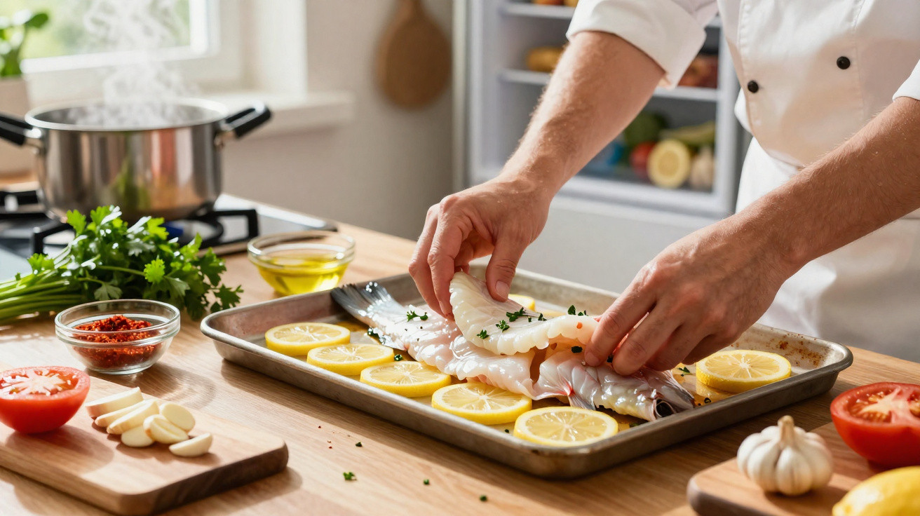 Pessoa temperando peixe com fatias de limão em tabuleiro na cozinha, com ingredientes ao redor.