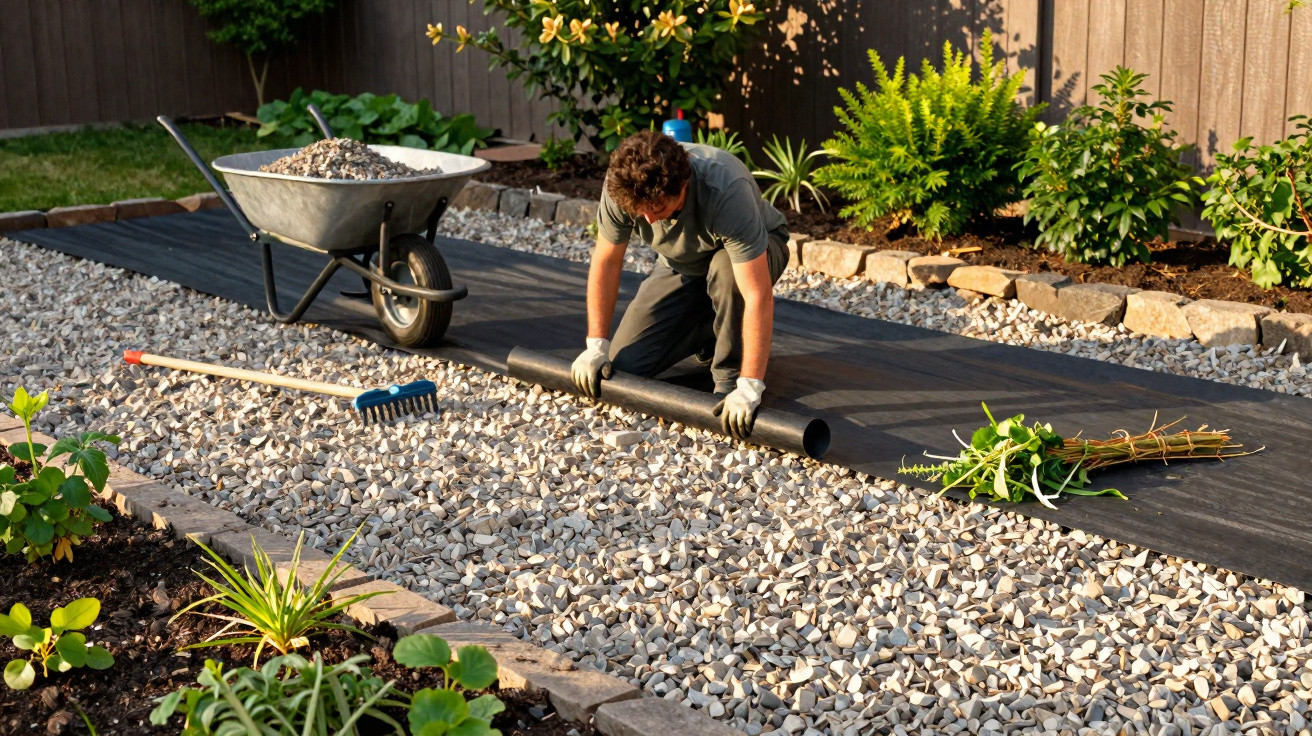 Homem com luvas instala manta para jardim com pedras ao redor e carrinho de mão ao fundo.