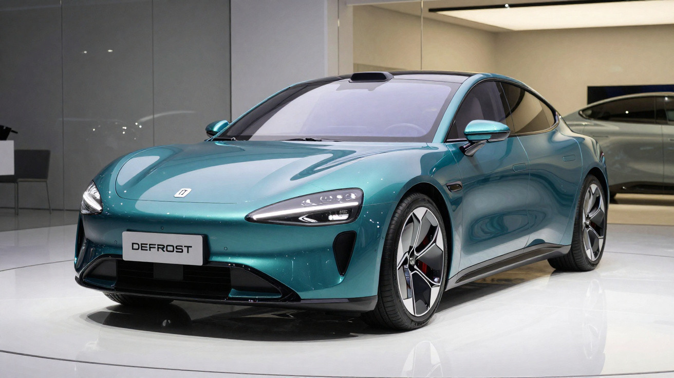 Carro esportivo elétrico verde metálico modelo Defrost em exposição interna, com design aerodinâmico moderno.