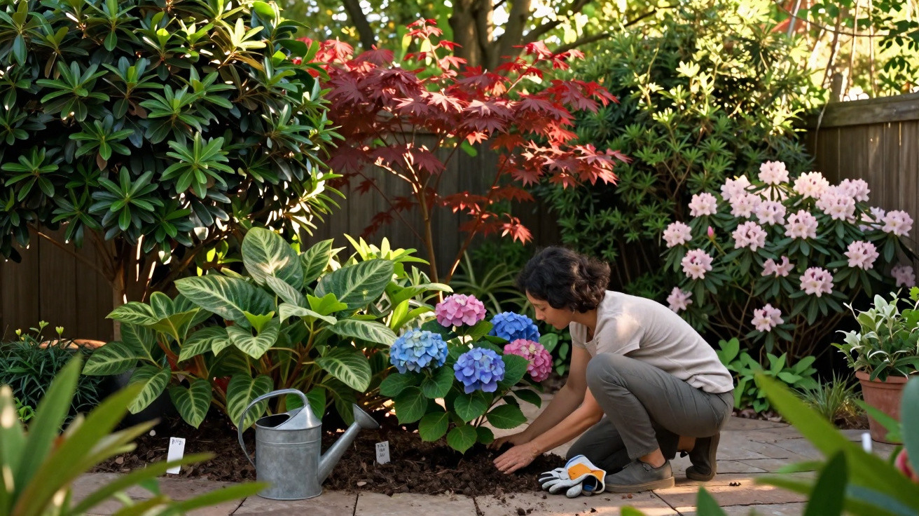 Pessoa cuidando de hortênsias em um jardim com várias plantas e regador de metal ao lado.