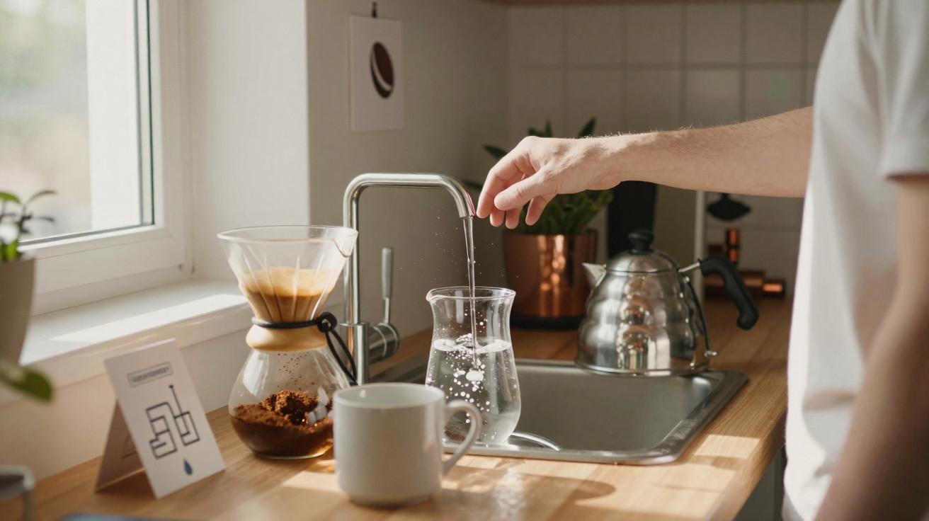 Mão enchendo jarra de vidro com água na pia, ao lado de cafeteira tipo coador e caneca branca.