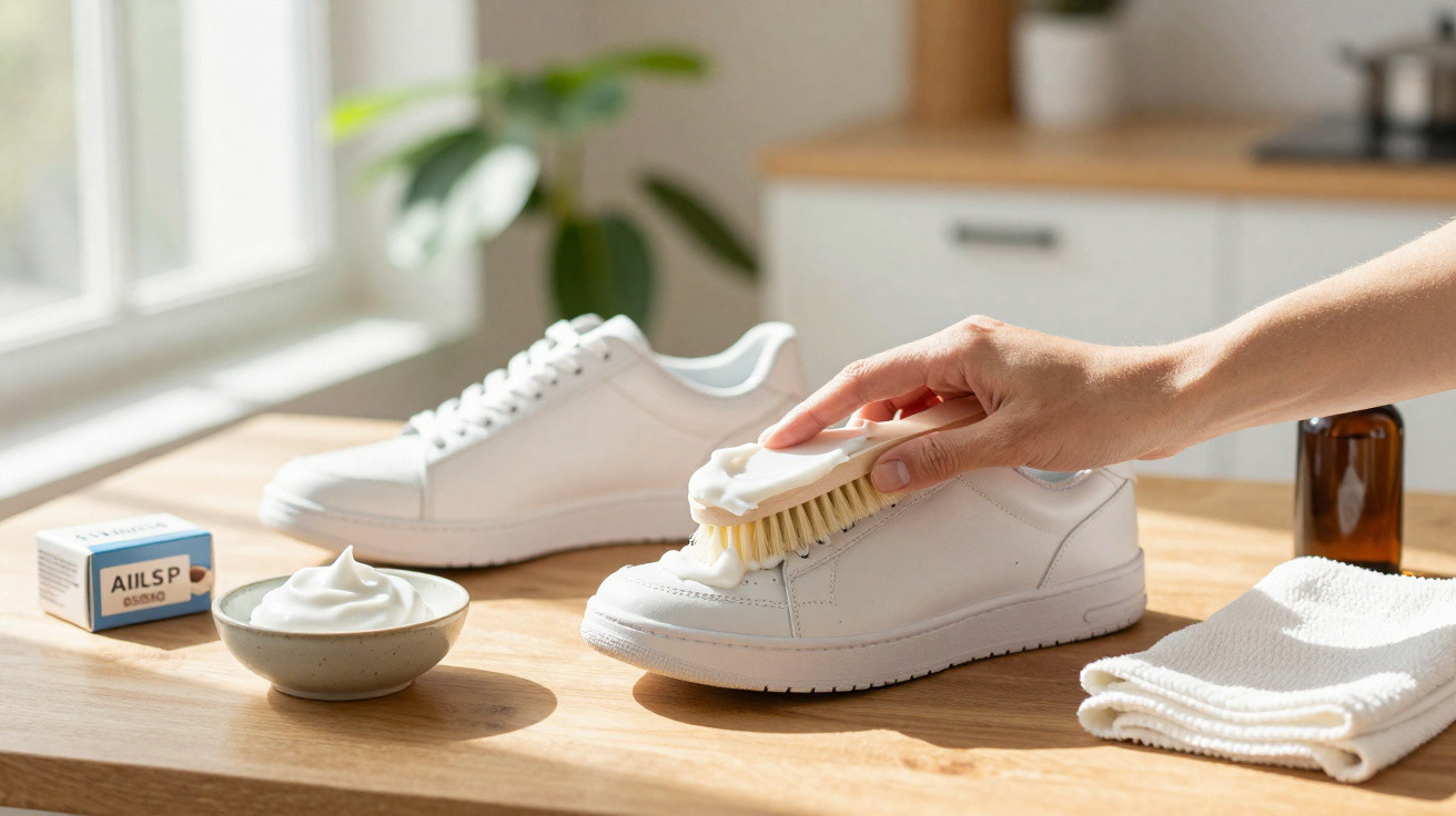 Pessoa limpando tênis branco com escova e creme em mesa de madeira iluminada por luz natural.