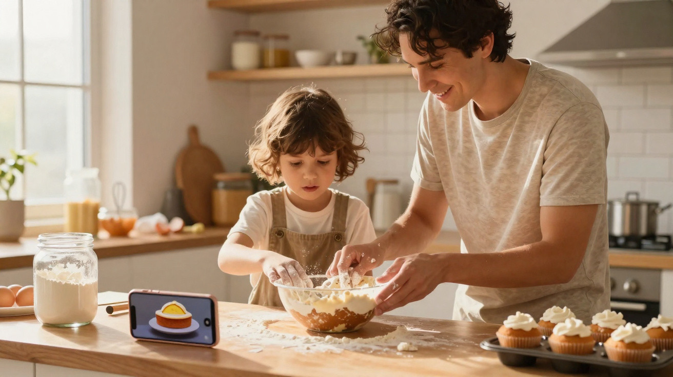 Pai e filho preparando massa juntos na cozinha enquanto assistem receita no celular.