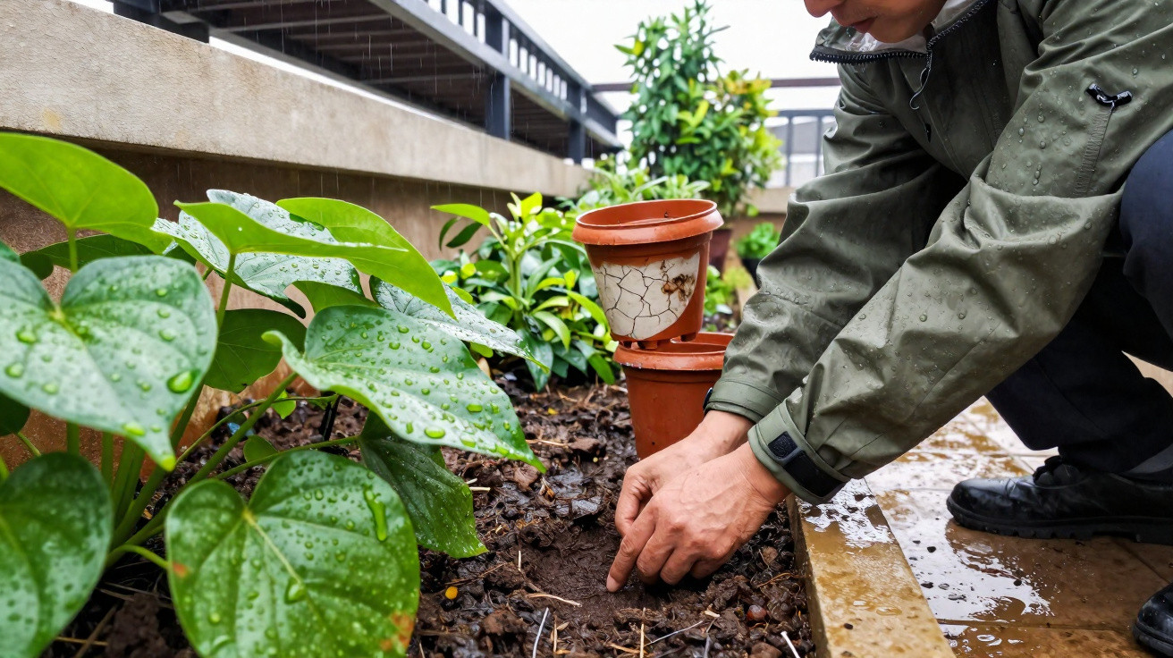 Pessoa plantando sementes em canteiro molhado na chuva, com folhas verdes ao lado e vasos quebrados atrás.